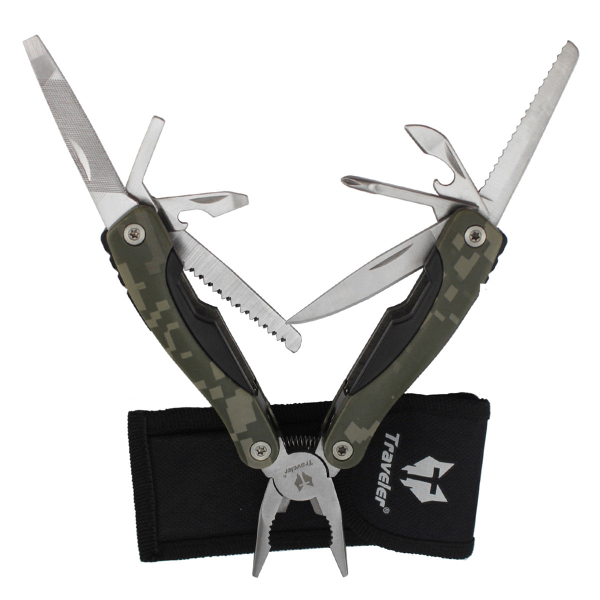 Traveler Multi-Tool Plier – 9-in-1 Camouflage Stainless Steel Survival Gear for Camping & Outdoor Adventure