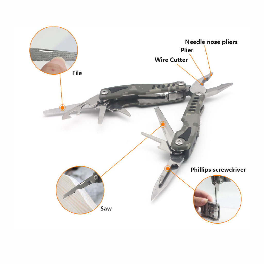 Traveler Multi-Tool Plier – 9-in-1 Camouflage Stainless Steel Survival Gear for Camping & Outdoor Adventure