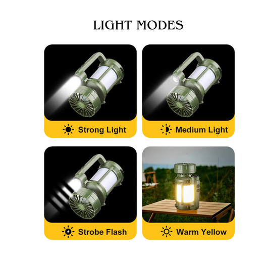 Solar Powered Camping Light – 2400mAh Rechargeable LED Lantern with USB & FAN for Outdoor Adventures