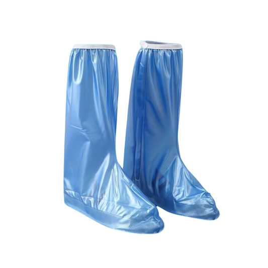 Pair of blue rain boot covers on a white background
