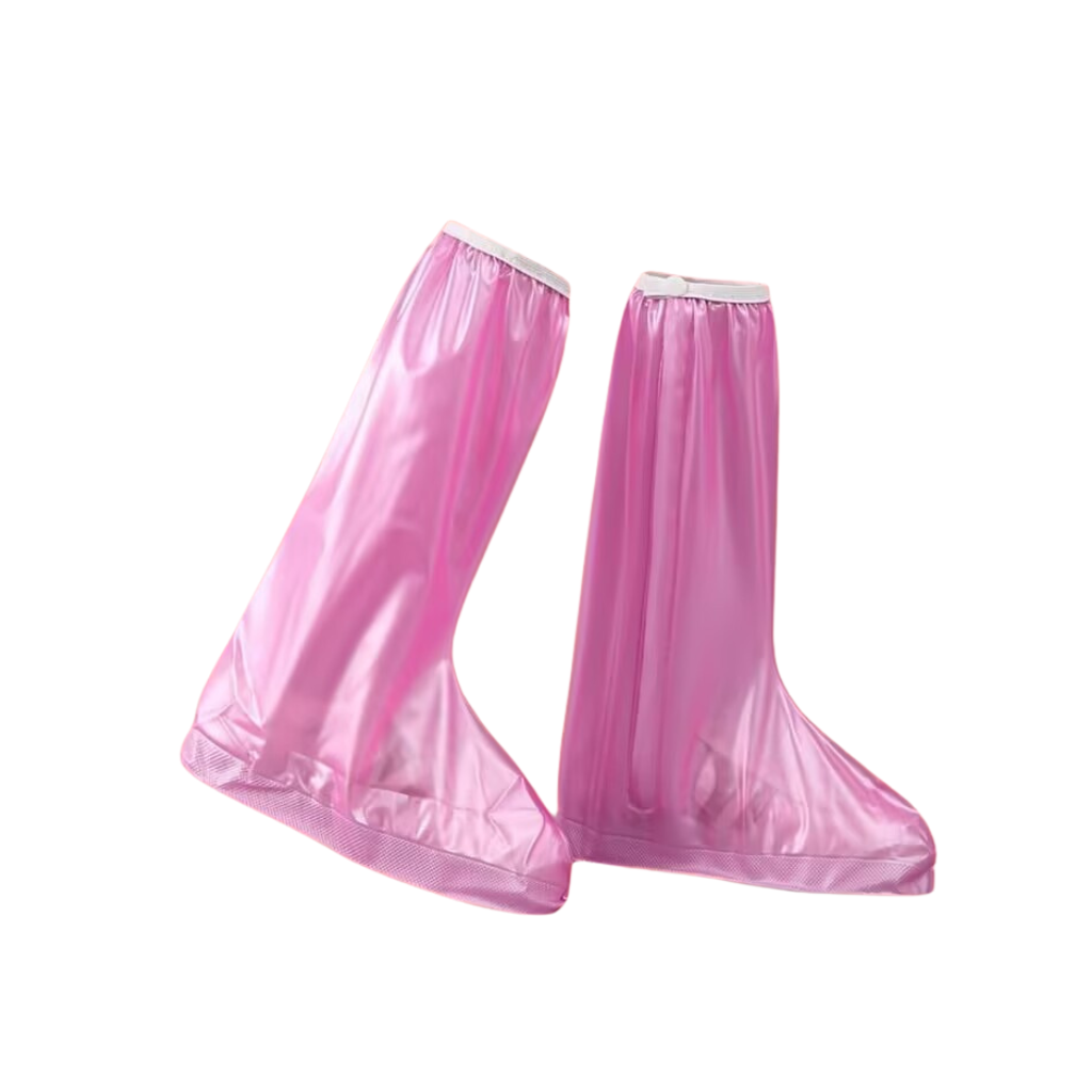 Pink rain boots with white soles on a white background